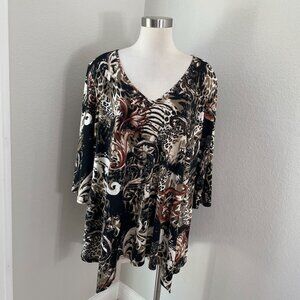 Per Seption Womens Plus 3X Tunic Top Animal Print Asymmetrical Hemline V Neck